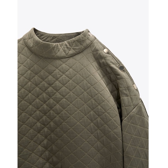 ZARA Gold Button Detail Quilted Olive Green Sweater - Picture 2 of 4